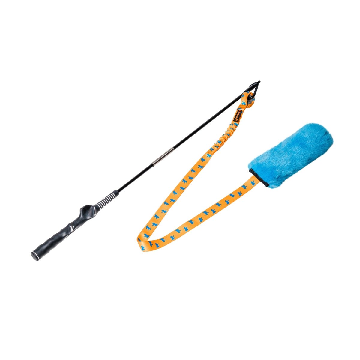 Whip It flirt pole toy for dogs assembled with blue and yellow squeaky lure attached.