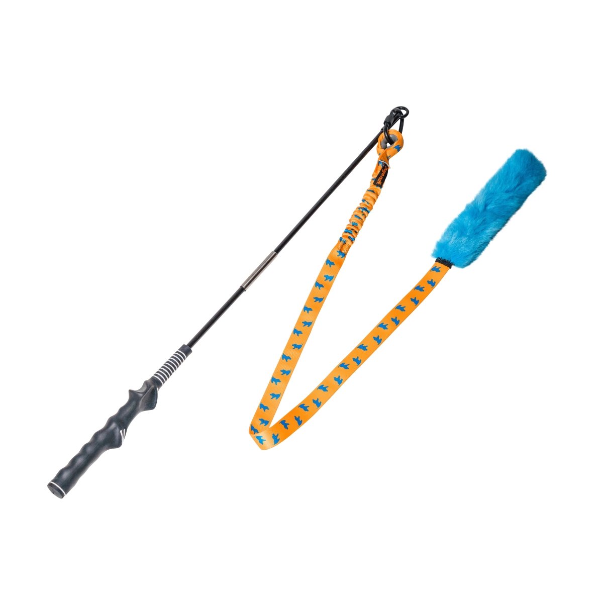 Flirt Pole for dogs with Whip It attachment long blue handle and blue bite zone