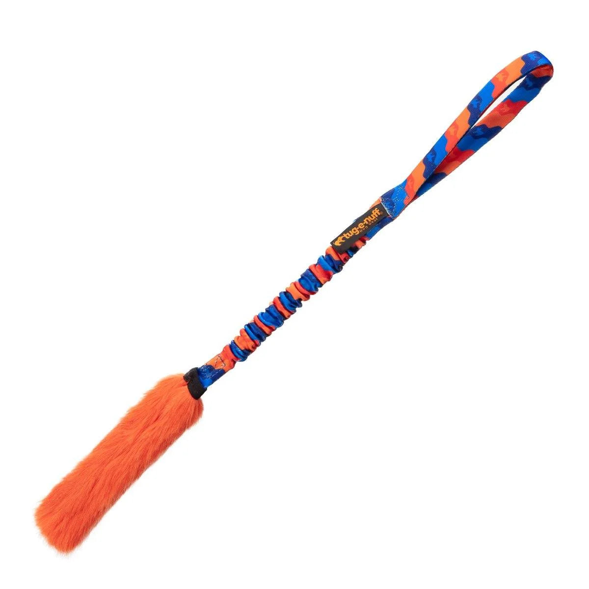 Orange Bright Fauxtastic Tug featuring super‑strong faux fur, a shock‑absorbing bungee handle, and fold‑up portability for rewarding recall and impulse‑control training