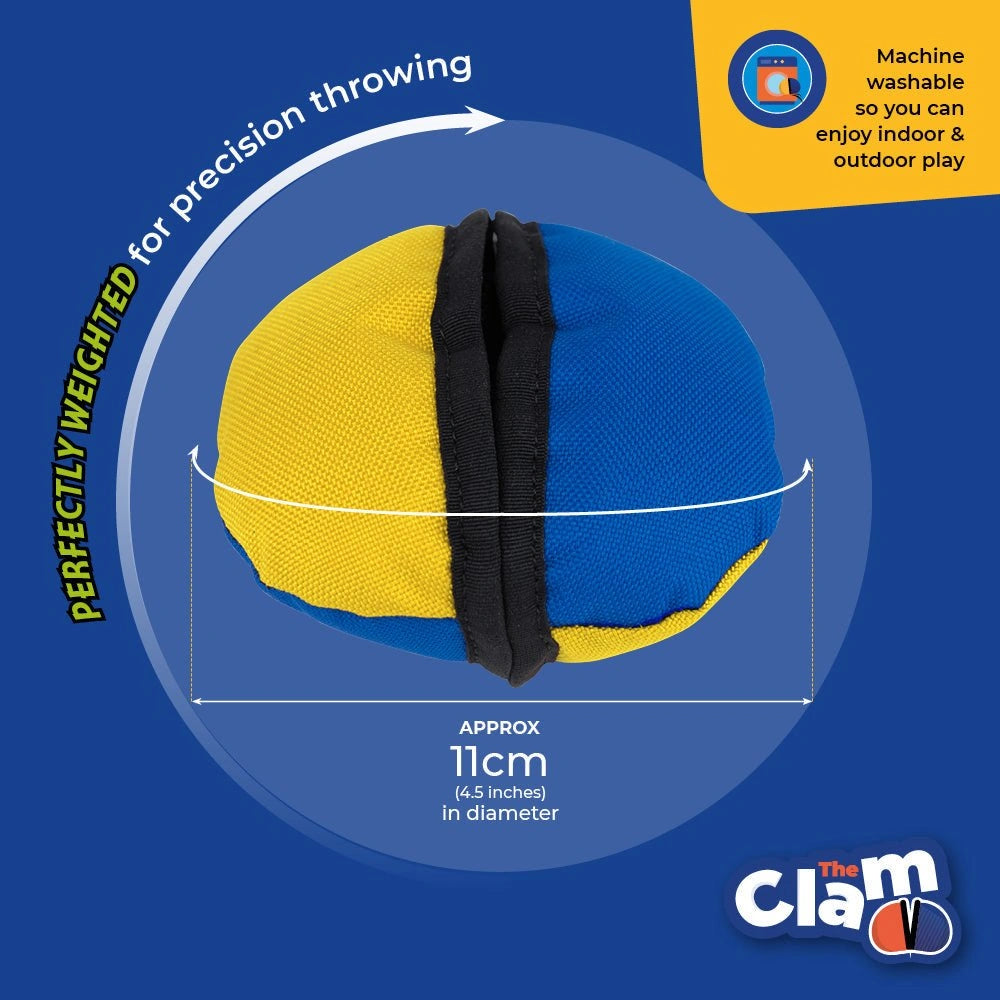 Clam in Blue & Yellow with washing instructions and dimensions
