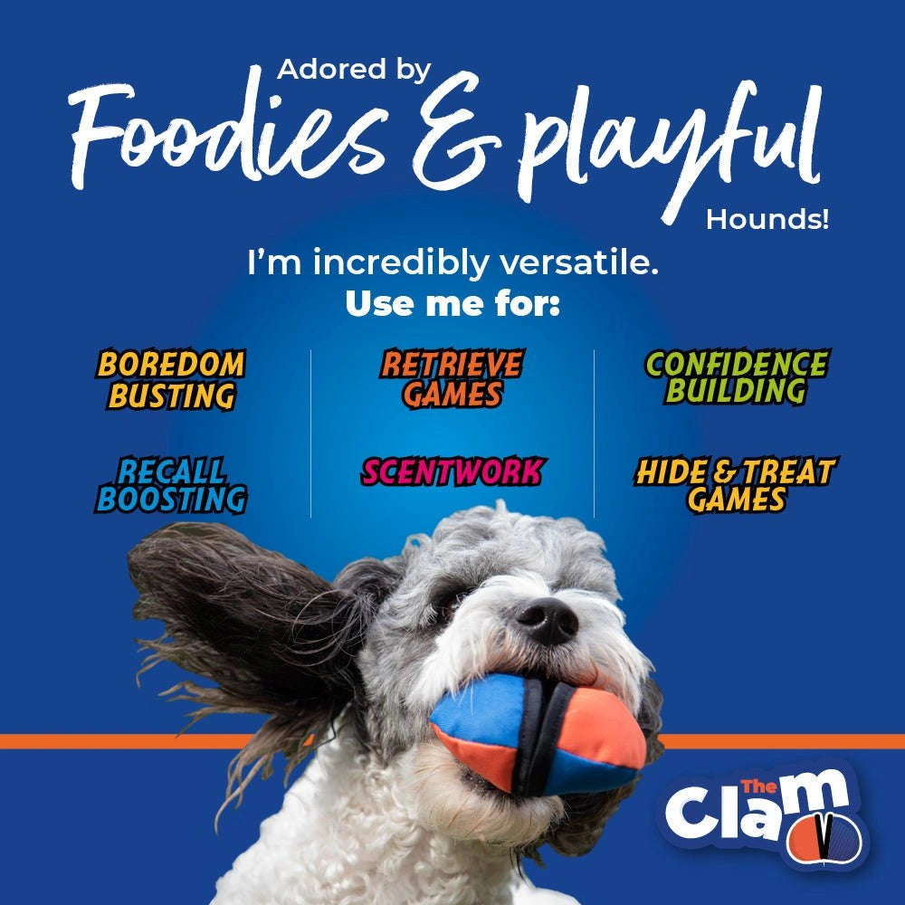 Dog holding a clam with text showing uses for the clam toy including scentwork