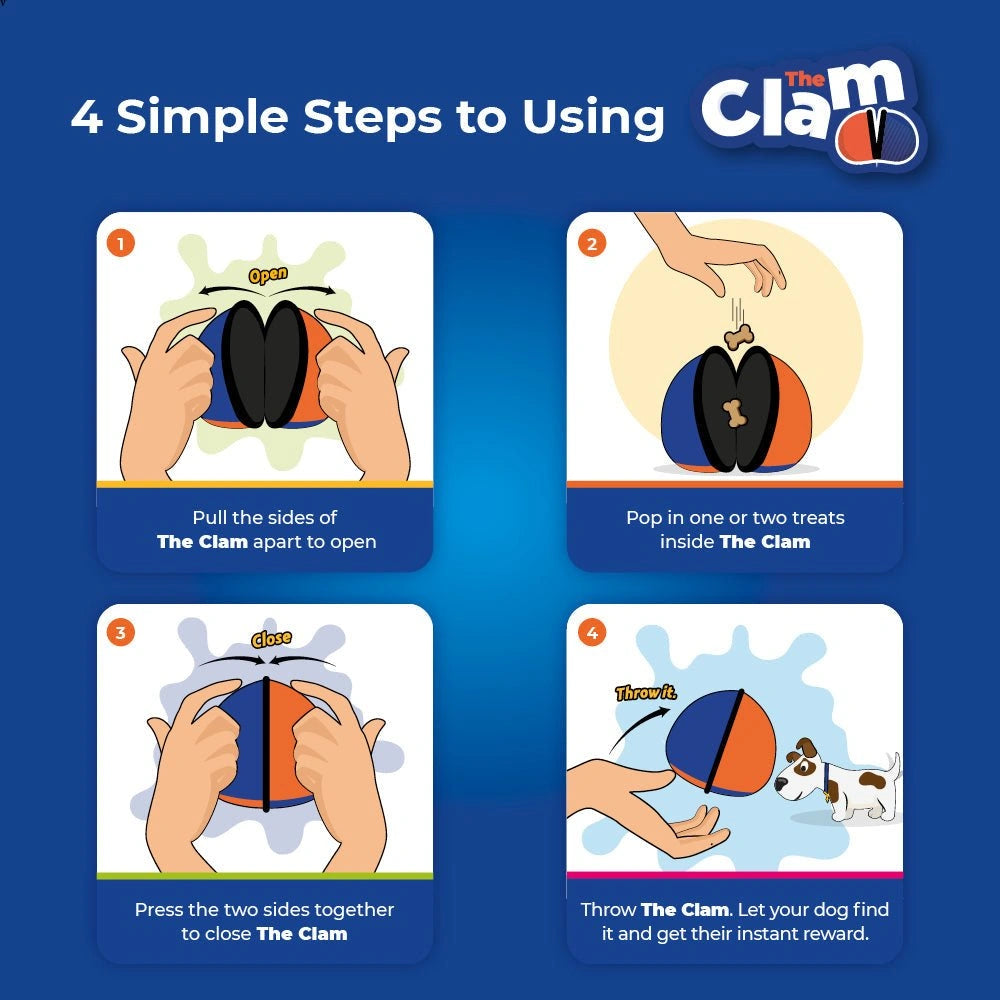 Instructions for using The Clam dog treat toy on a blue background