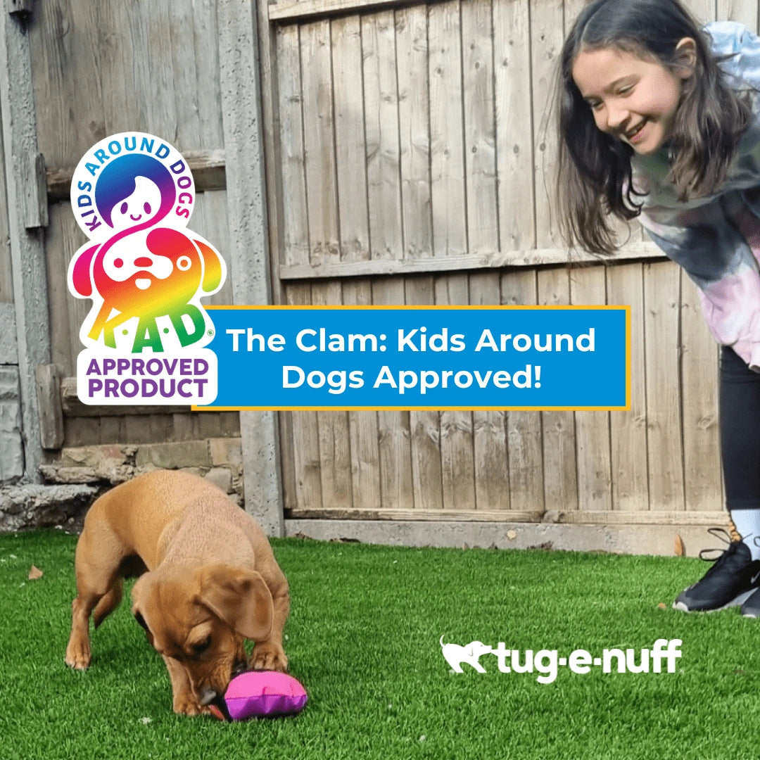 Kids Around Dogs Approved Logo with Child Playing with Clam Treat toy and Dog.