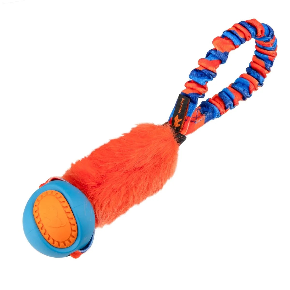 Orange Pocket PowerBall Fauxtastic fetch‑and‑tug toy featuring ultra‑durable faux fur, easy‑grip PowerBall grooves, and a bungee handle that cushions every tug