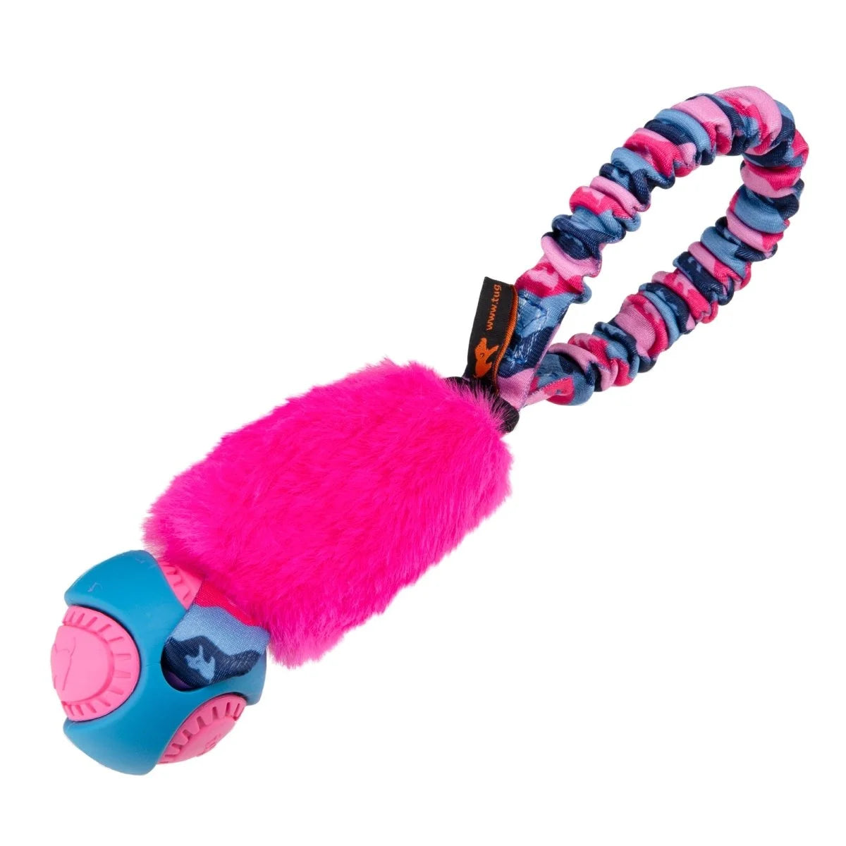 Pink Pocket PowerBall Fauxtastic dog tug toy with tough faux fur and a PowerBall designed for rocket‑fast recalls and pocket‑sized rewards