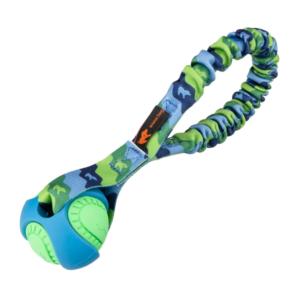 Green and blue Pocket PowerBall Bungee toy for dogs, featuring a textured PowerBall and pocket‑sized design for on‑the‑spot rewards