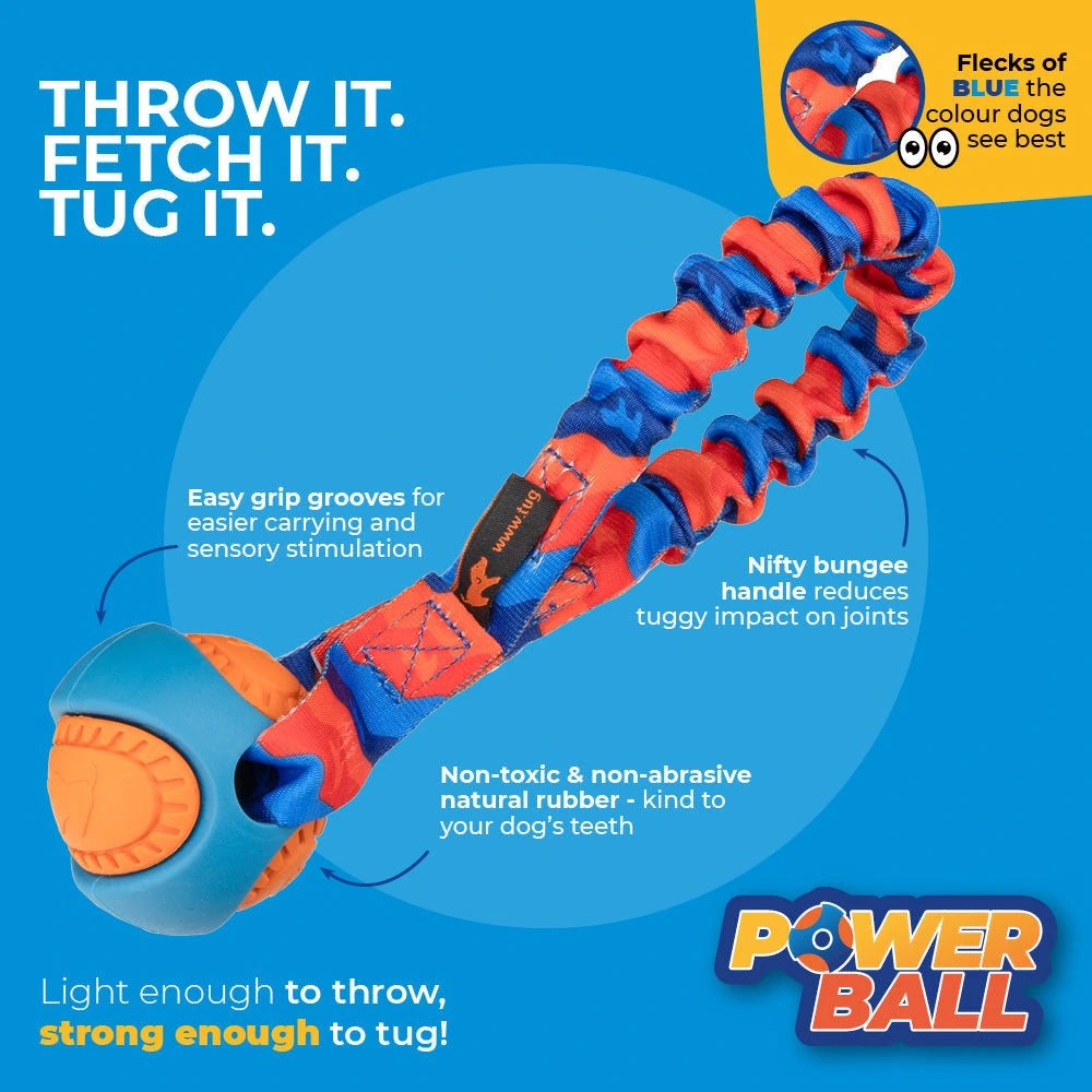 Dog toy with text describing features on a blue background, Powerball Tug Fetch Toy
