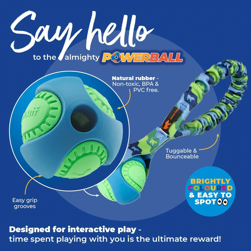 Dog toy info card highlighting rubber ball on blue background