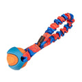 Orange and blue Pocket PowerBall Bungee dog tug toy designed for throw‑further, tug‑harder play with a cushioned bungee handle