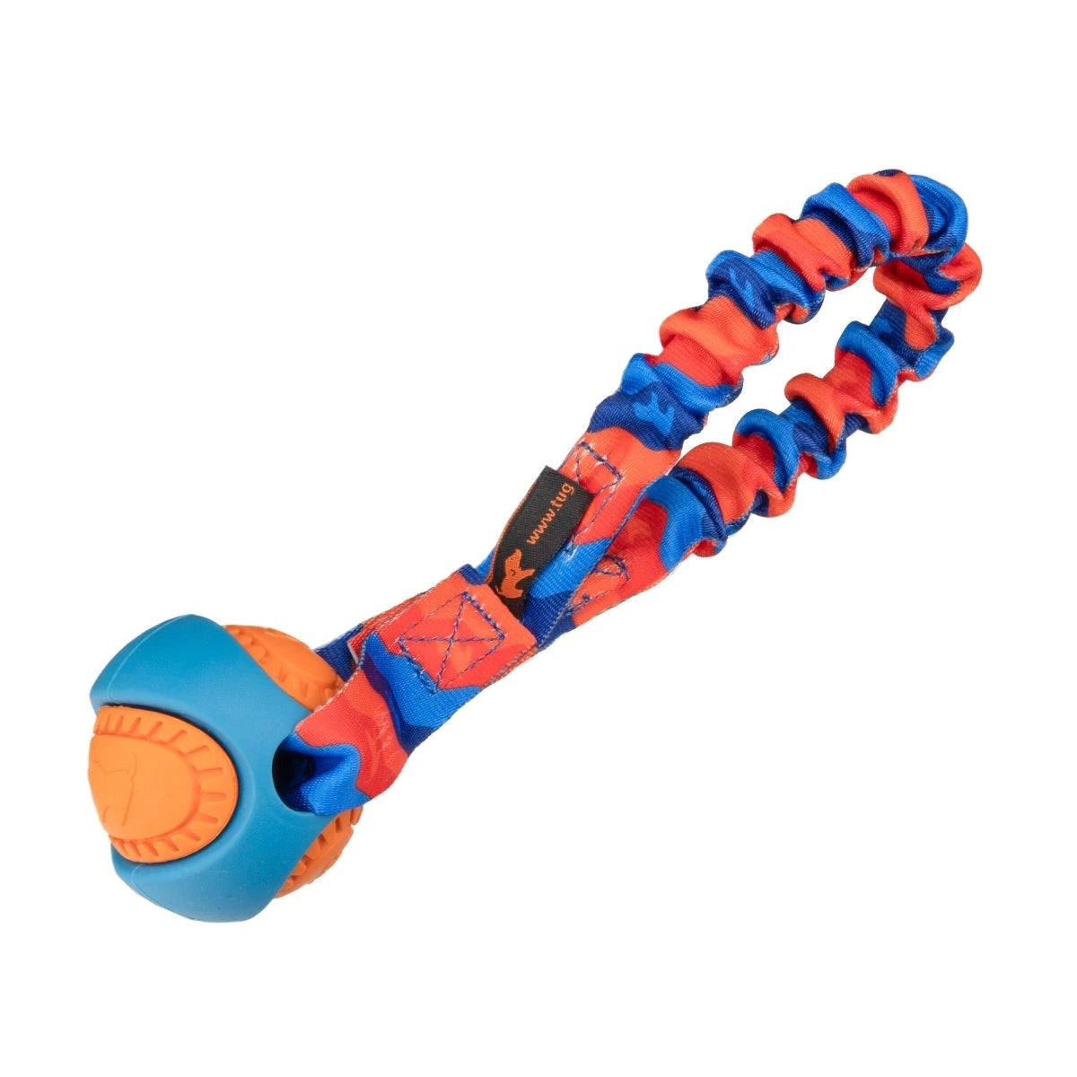 Orange and blue Pocket PowerBall Bungee dog tug toy designed for throw‑further, tug‑harder play with a cushioned bungee handle