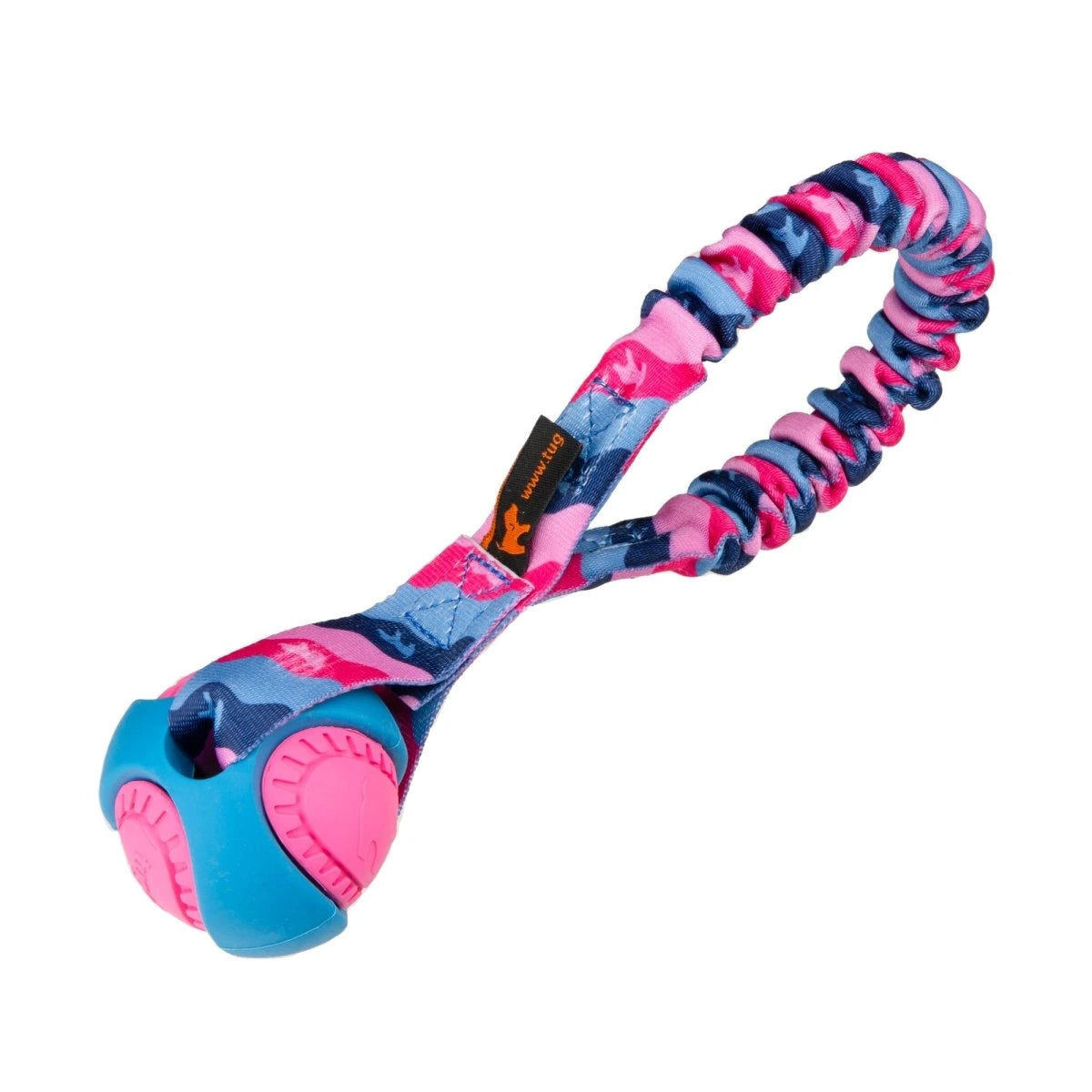 Pink and blue Pocket PowerBall Bungee dog toy with bright colours for easy visibility and a stretchy bungee handle that absorbs every tug
