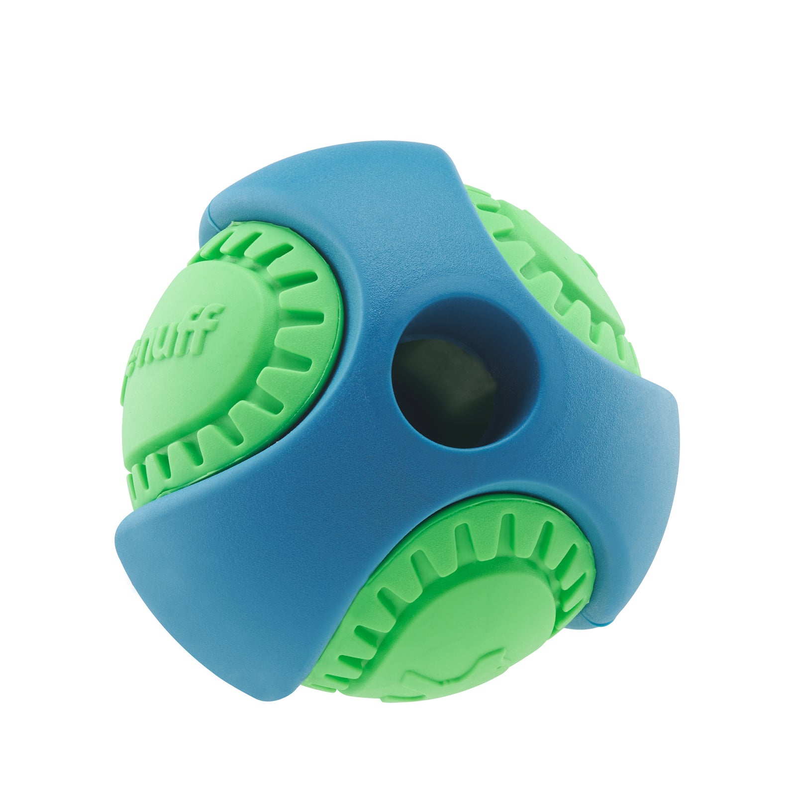 Blue and Green Side view to PowerBall toy for dogs.  Rubber Dog Ball