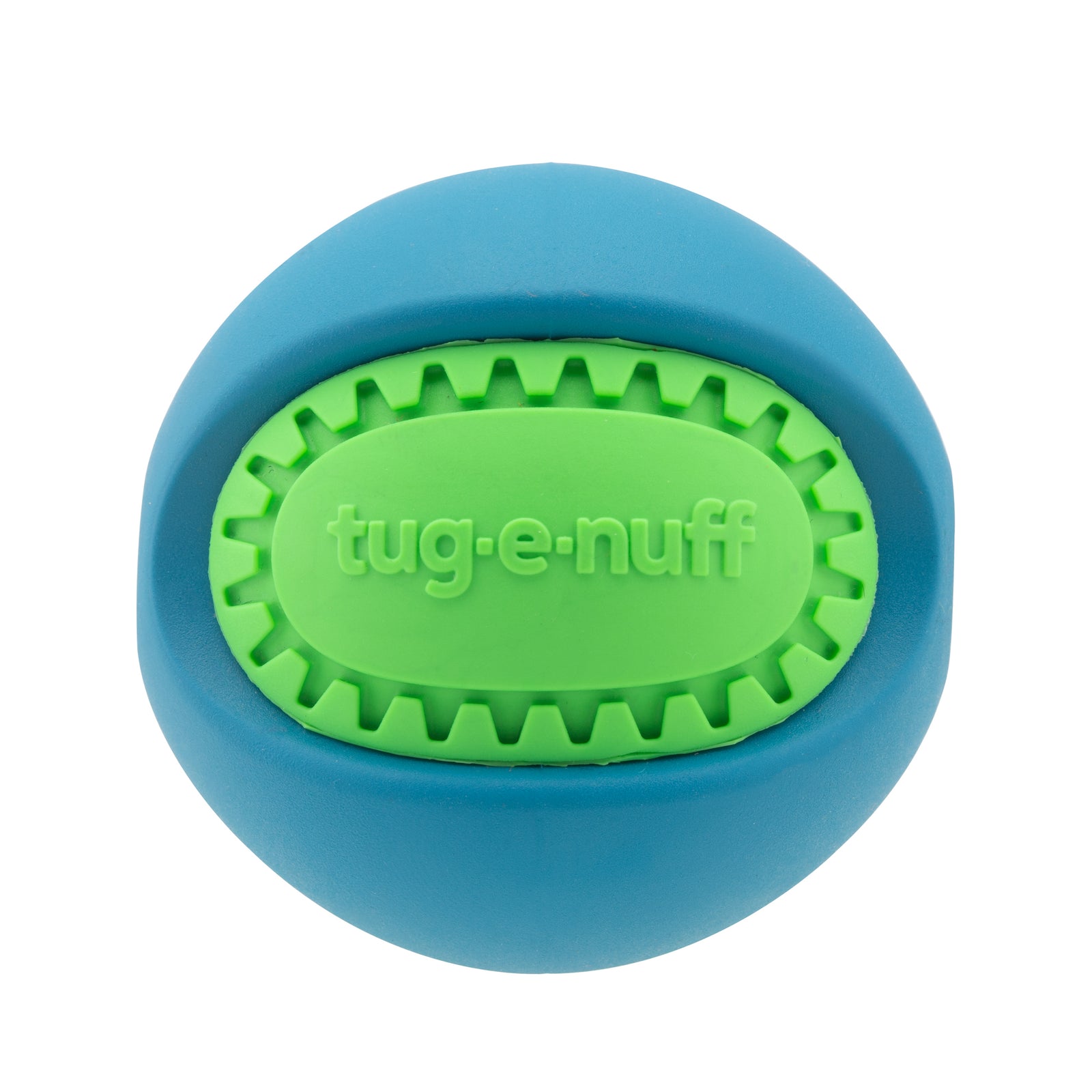 Blue and Green Rubber PowerBall toy for dogs.  Shows Tug-E-Nuff Logo