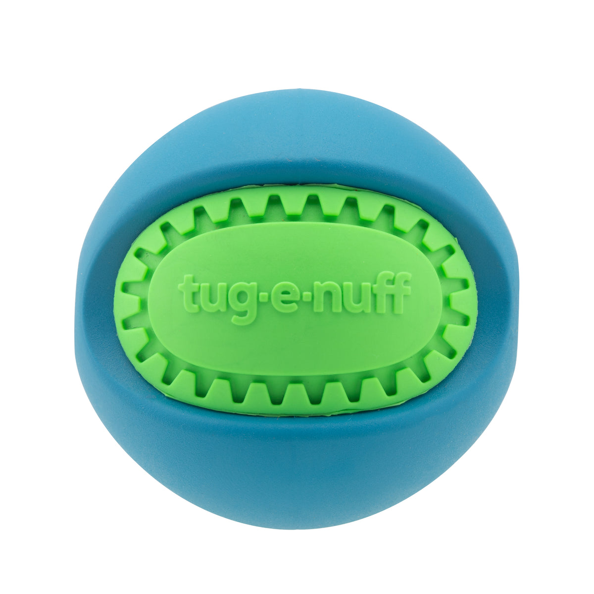Blue and Green Rubber PowerBall toy for dogs.  Shows Tug-E-Nuff Logo