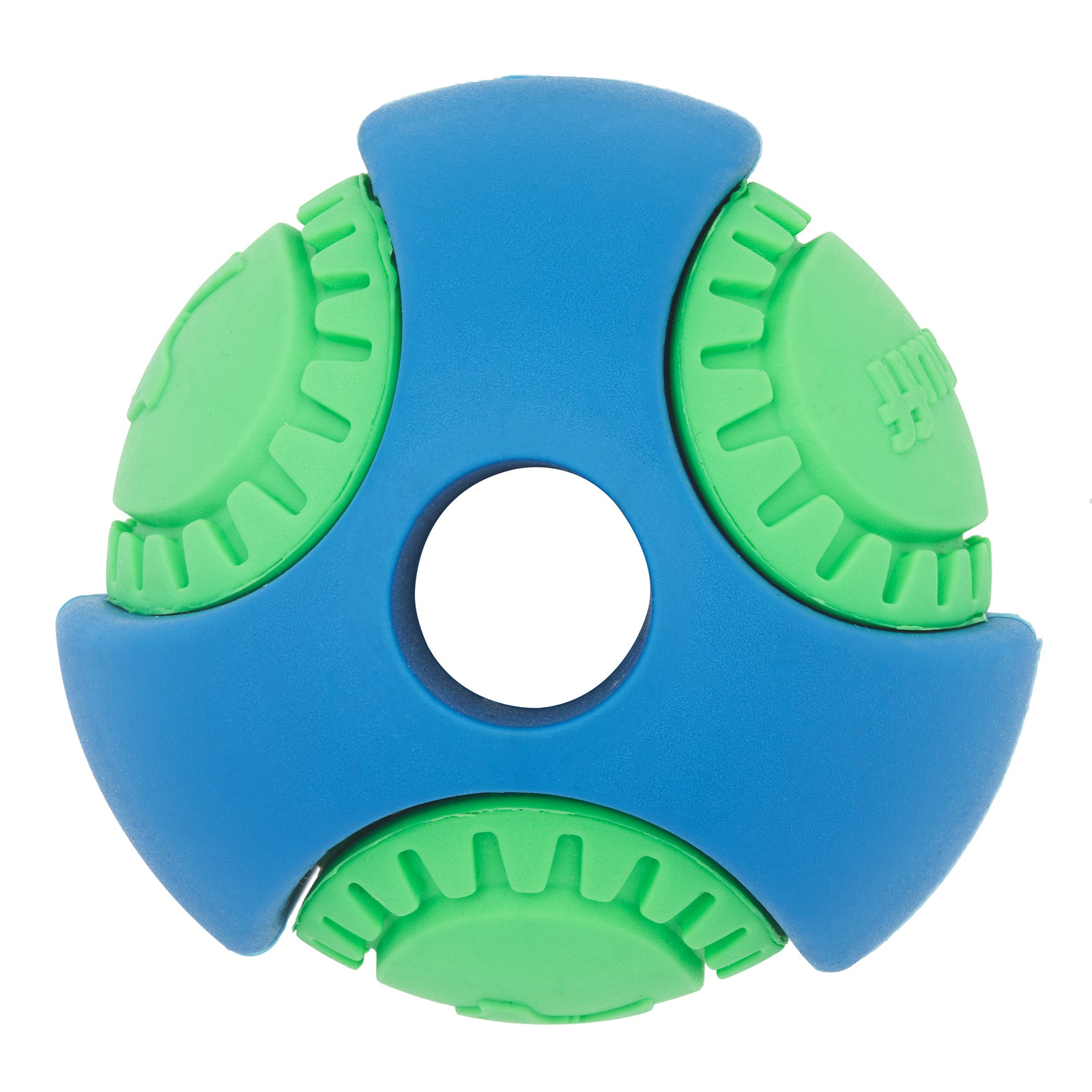 Blue and Green Side view to PowerBall toy for dogs.