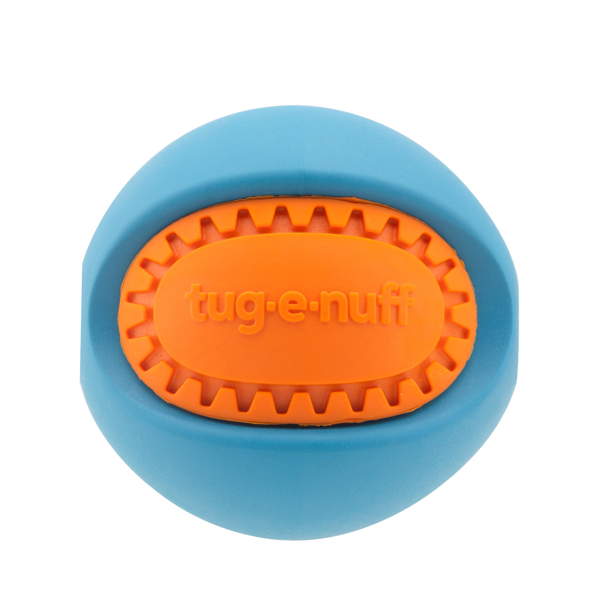 Blue and Orange Front view to PowerBall toy for dogs.  Shows Tug-E-Nuff Logo