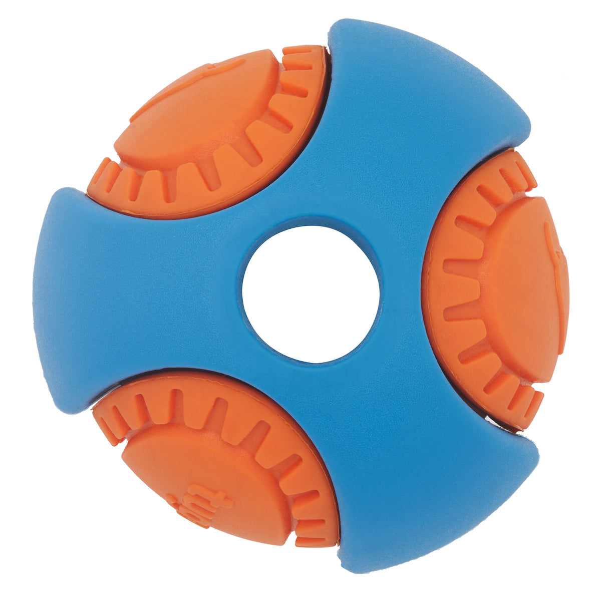 Blue and Orange Side view to PowerBall toy for dogs.