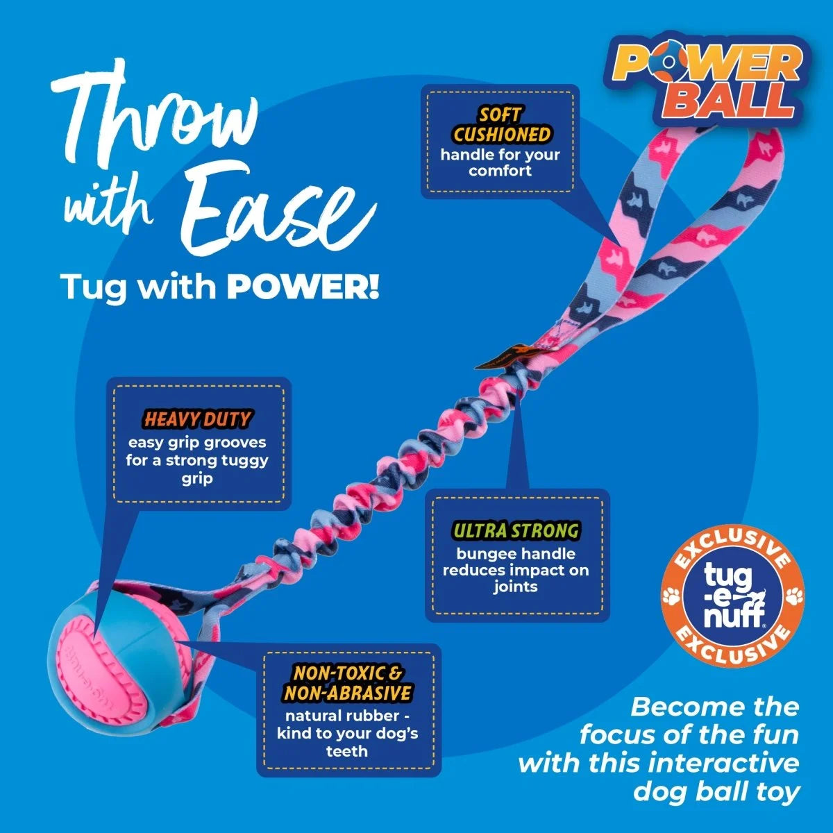 Features list of the Powerball Bungee Tug includes non-toxic natural rubber ball.