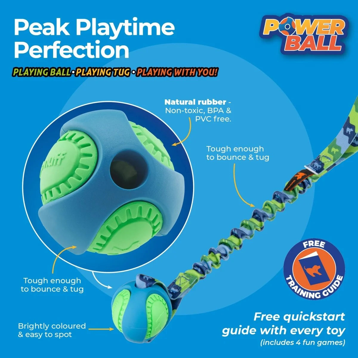 Dog toy with text highlighting features of the Powerball Bungee tug toy on a blue background