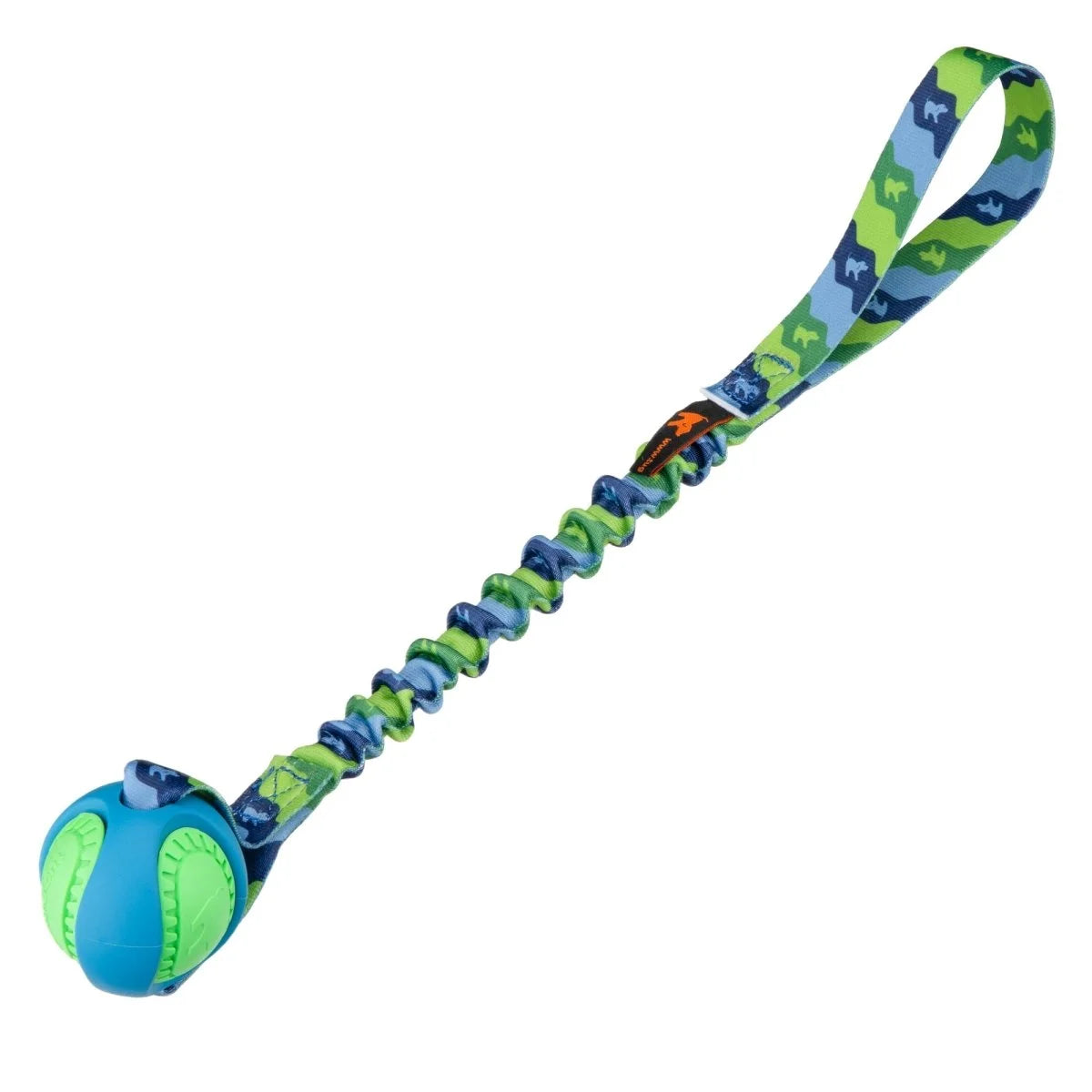 Green and blue PowerBall Bungee Tug dog toy with shock‑absorbing bungee handle.