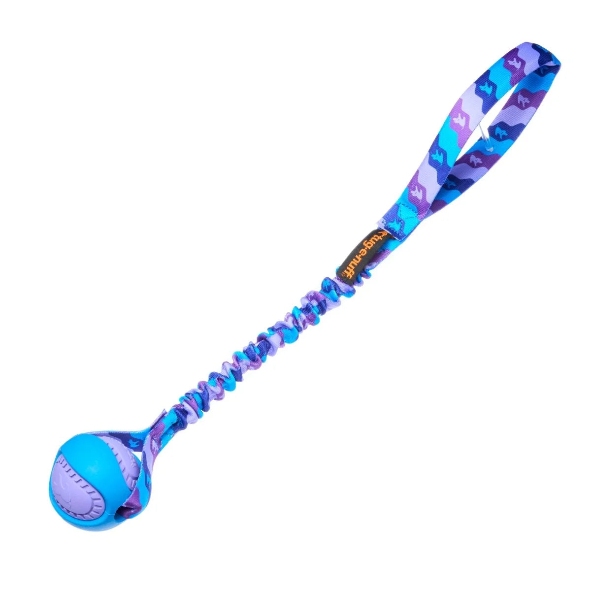 Purple and blue PowerBall dog tug toy featuring a cushioned bungee handle