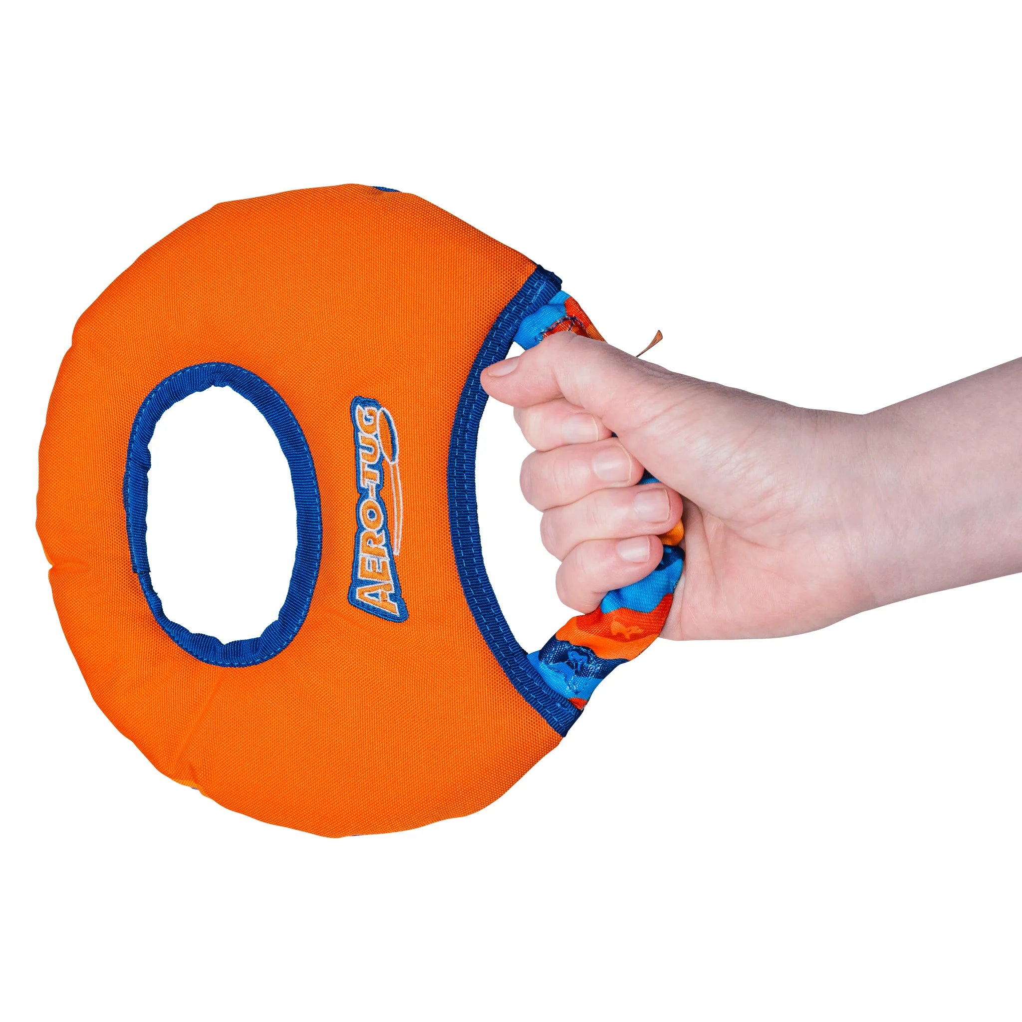 Tug-E-Nuff Aero-Tug Dog Frisbee - Orange Front Held