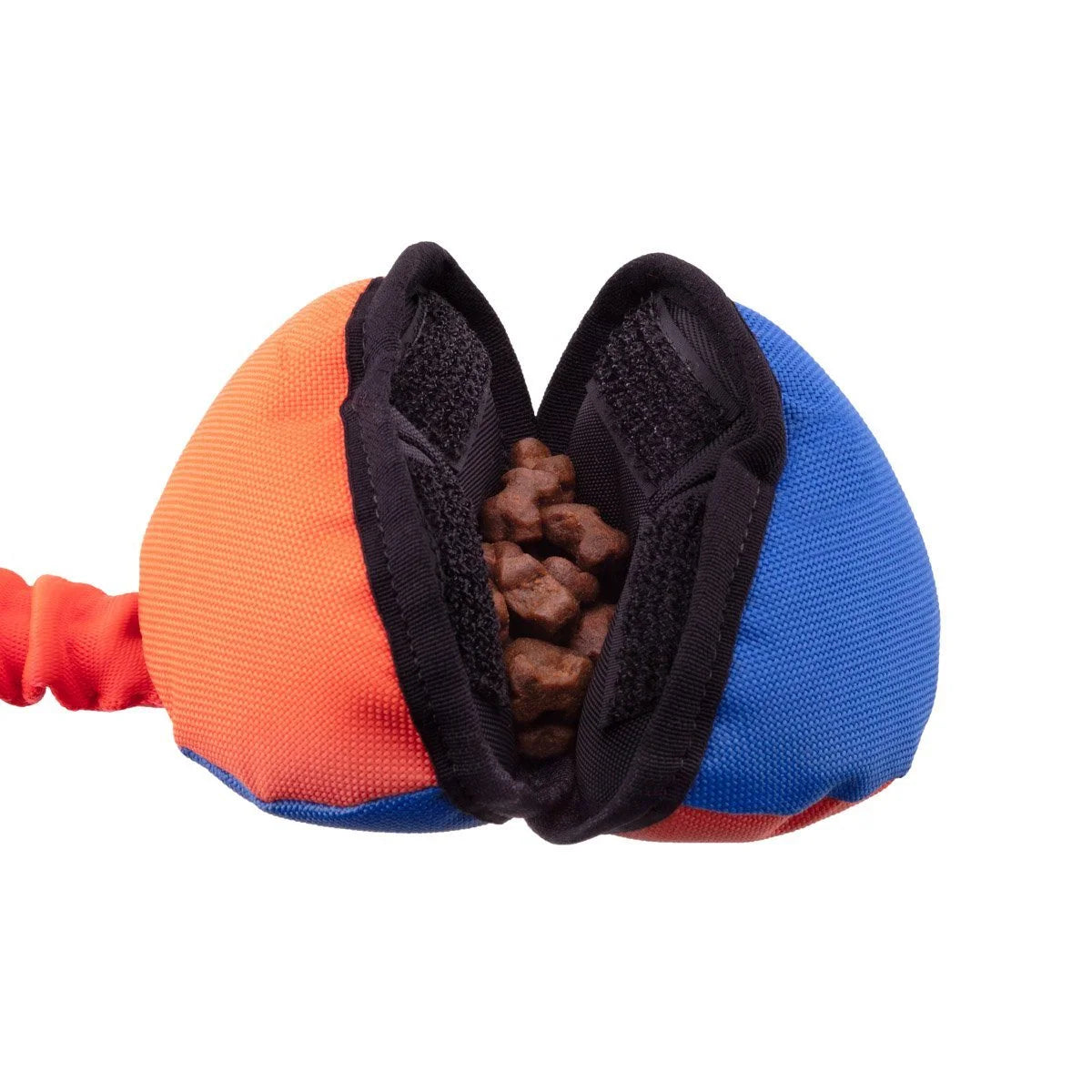 Orange and blue PowerClam Bungee Toy opened with treats visible inside, designed to tempt foodie dogs back for refills and make interactive play more rewarding