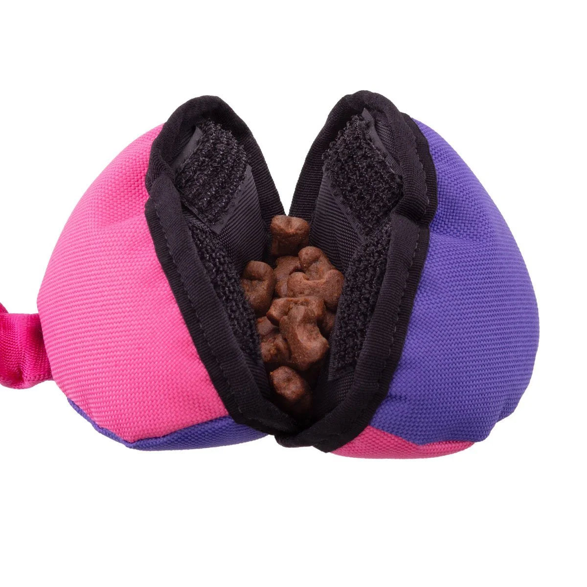 Pink and purple PowerClam Bungee Toy opened to reveal treats inside, highlighting the treat‑dispensing design that makes recall irresistible and fetch failsafe