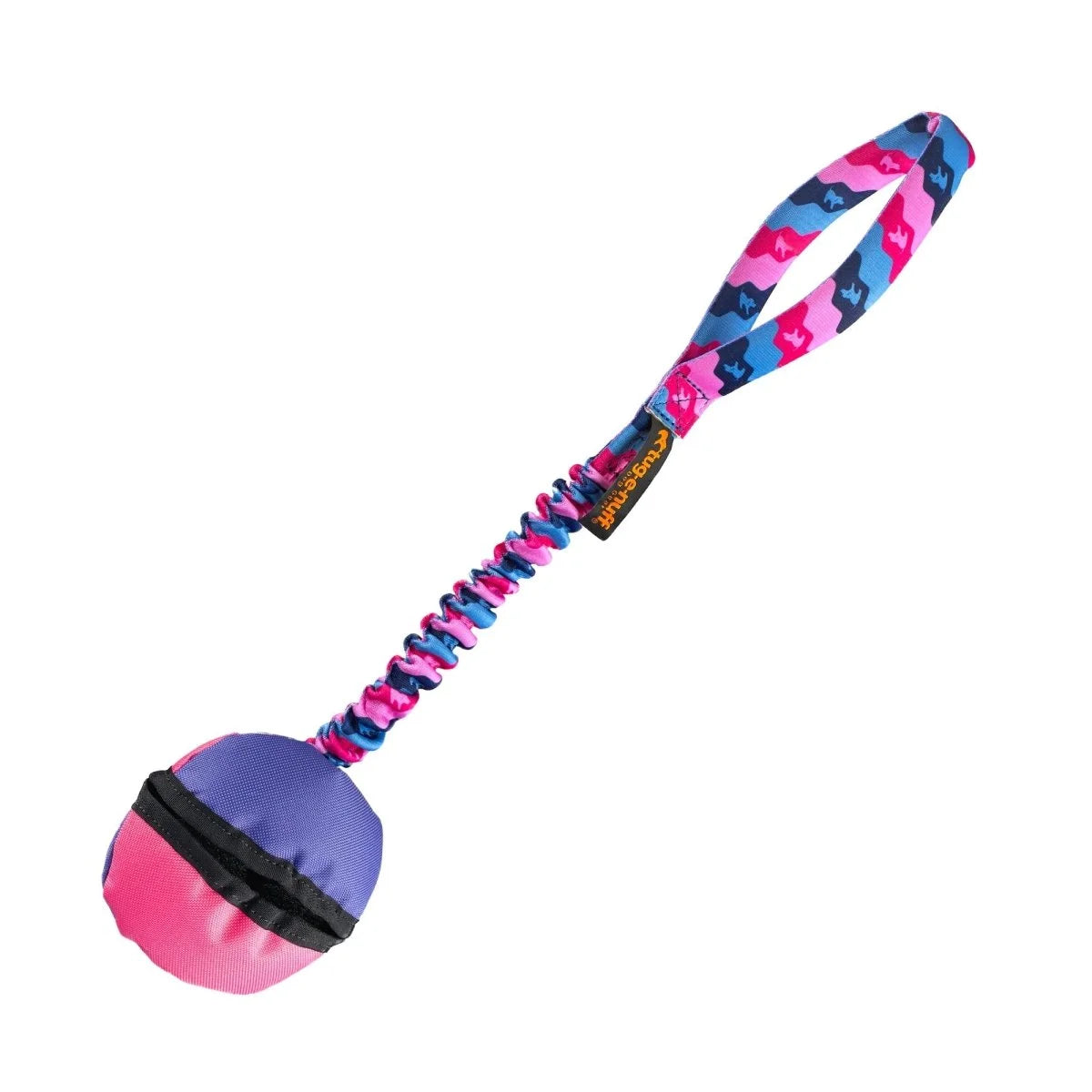 Pink and purple PowerClam Bungee Toy shown closed, featuring a tug‑treat‑fetch combo design with a cushioned bungee handle for comfortable interactive play