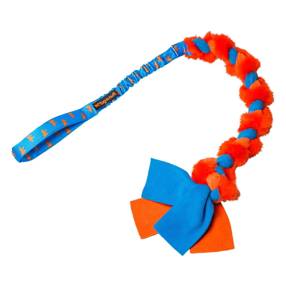 Blue and orange Twizzler dog tug toy designed for tenacious tuggers, with a bold faux‑fur weave and a shock‑absorbing bungee handle that protects joints during intense play