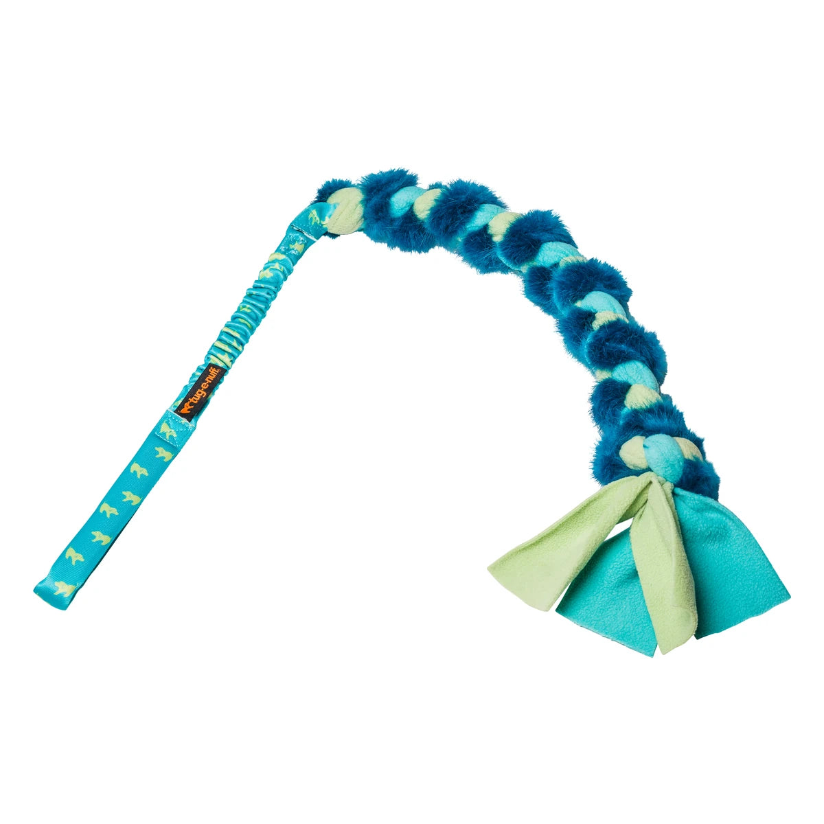 Teal Twizzler tug toy featuring super‑soft faux fur, a stretchy bungee handle, and extra length ideal for satisfying prey‑drive chase and keeping hands safely away from puppy teeth