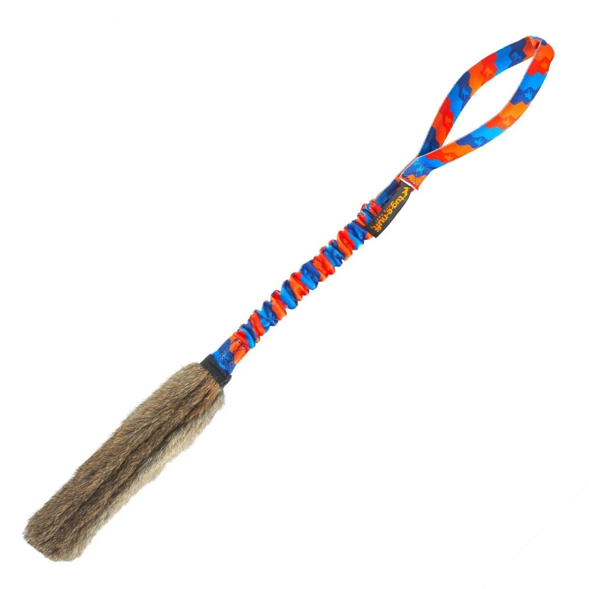 Orange‑handled WondaBunny Bungee dog tug toy with naturally scented rabbit fur and a stretchy bungee handle that cushions every tug for confidence‑building chase and play