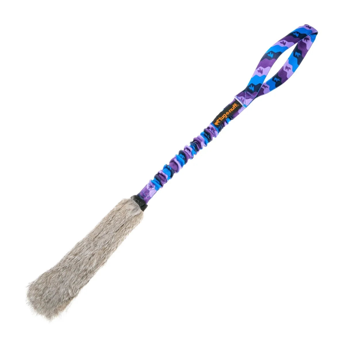 Purple‑handled WondaBunny Bungee enrichment tug toy with real rabbit fur scent and a foldable bungee handle ideal for shy dogs, puppies, and high‑energy breeds who love to chase
