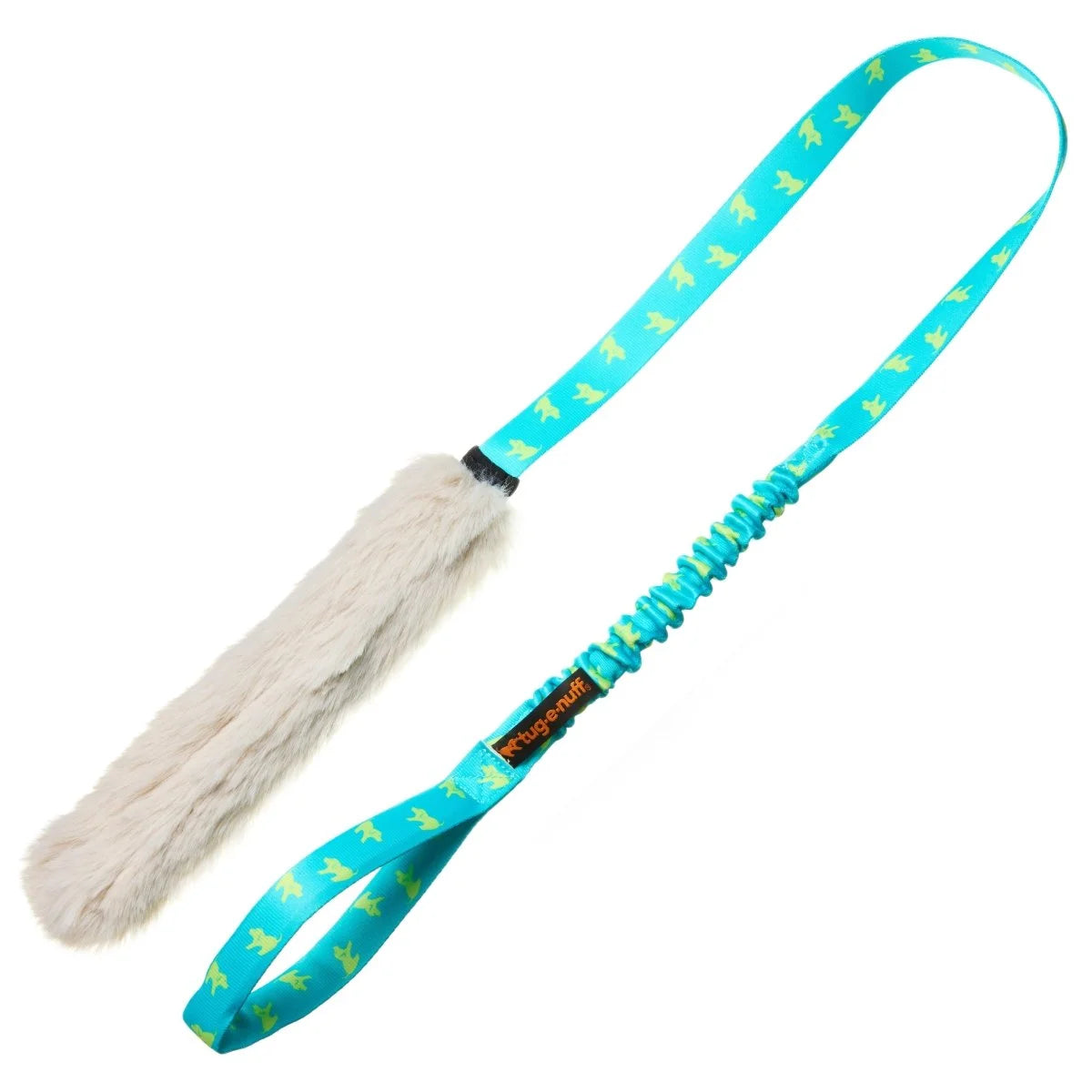 Teal Faux Fur Bungee Chaser Tug dog toy designed for puppies, small dogs, and high‑energy tuggers, with a soft faux‑fur bite area and long bungee handle for safe, powerful interactive play