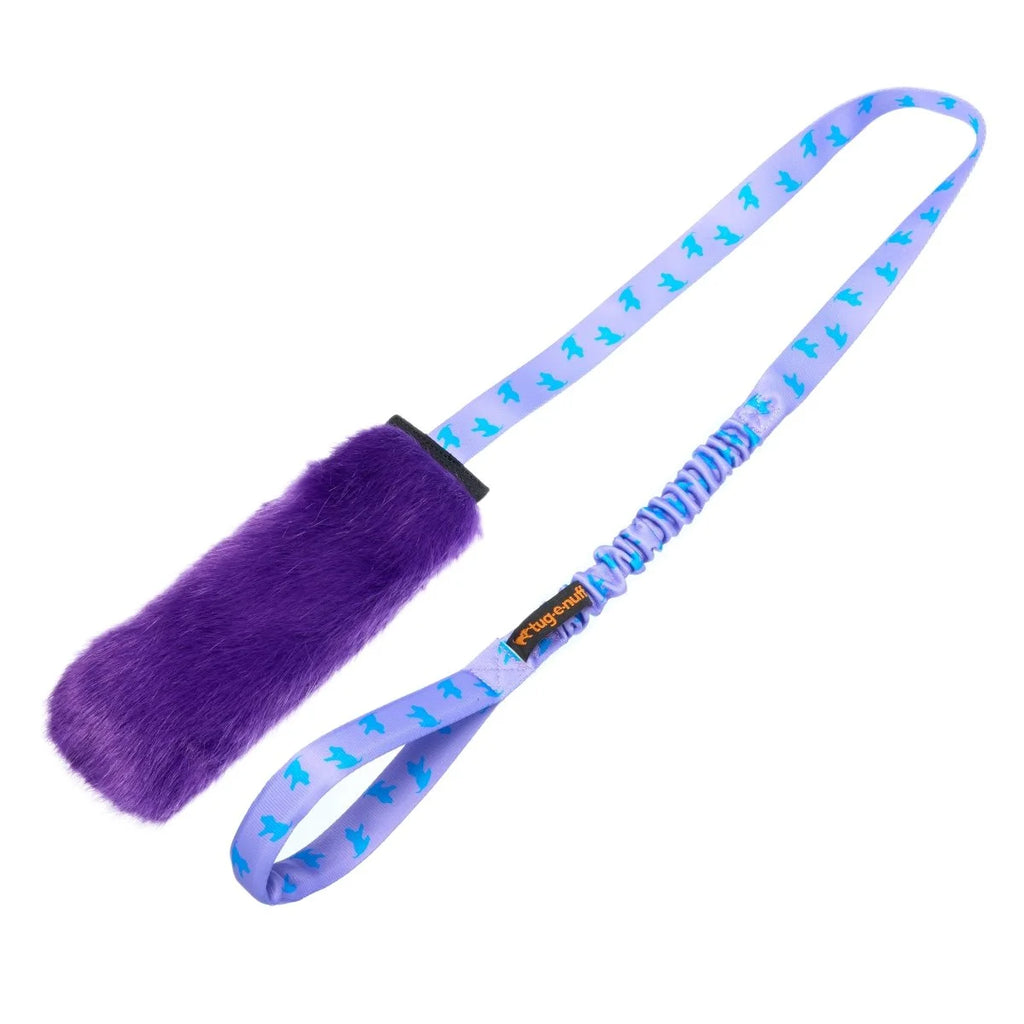 Purple Faux Fur Squeaky Bungee Chaser dog toy with a fluffy bite area, long bungee handle, and squeaker designed to channel chase instincts into focused, joint‑friendly play