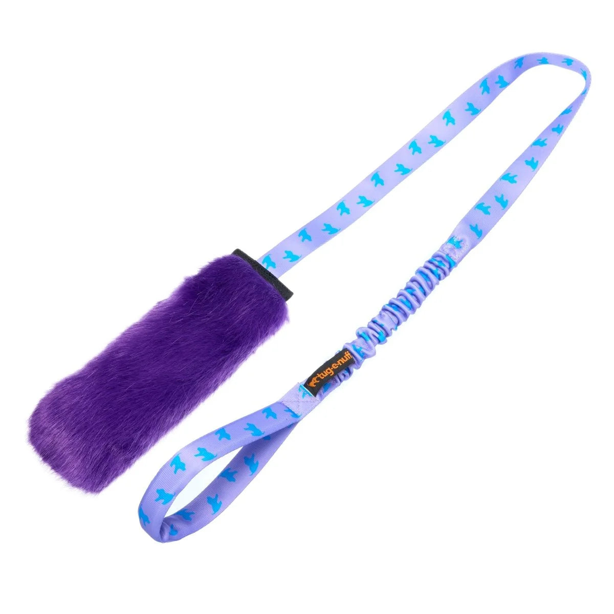 Purple Faux Fur Squeaky Bungee Chaser dog toy with a fluffy bite area, long bungee handle, and squeaker designed to channel chase instincts into focused, joint‑friendly play