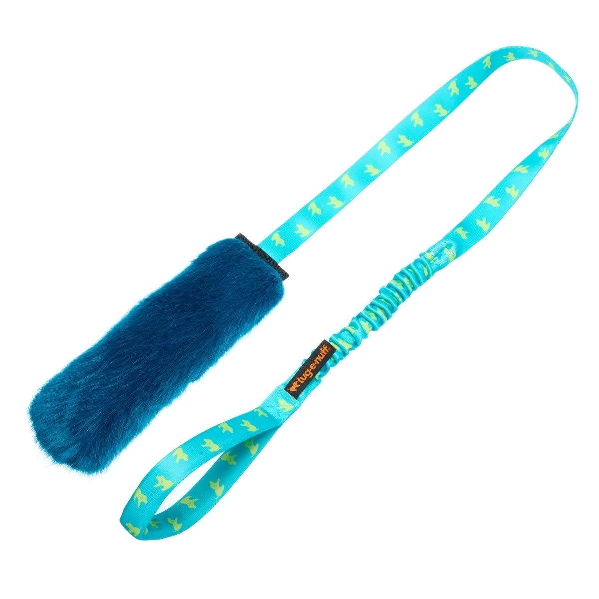 Teal Faux Fur Squeaky Bungee Chaser dog toy built for chase‑driven, high‑energy play, with a durable fluffy bite area, squeaker, and bungee handle that makes tug sessions safe and exciting