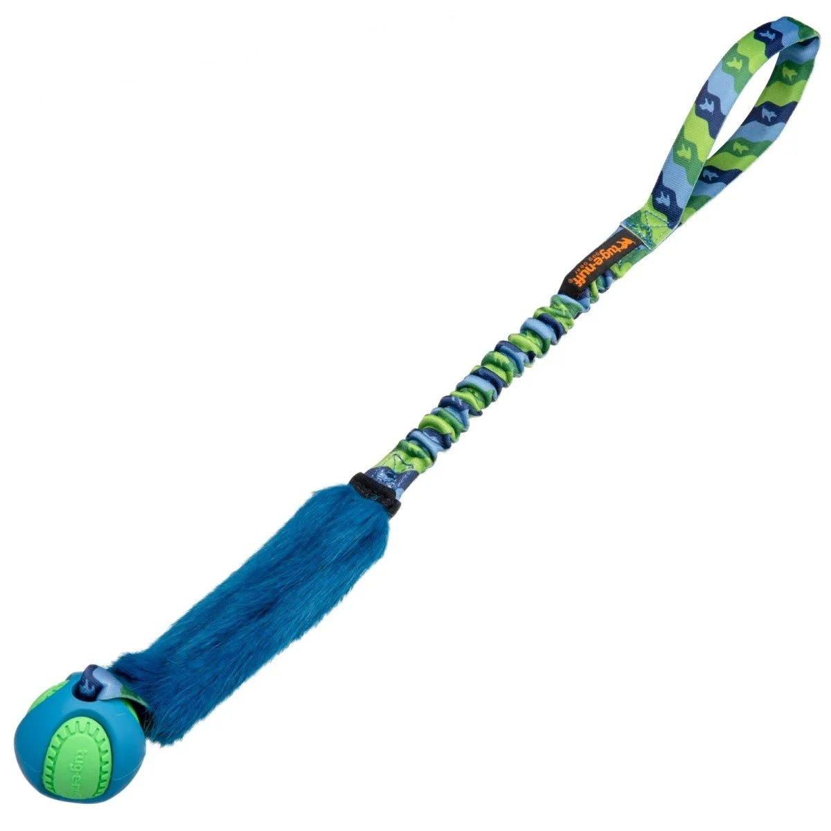 Green Fauxtastic PowerBall Bungee Tug featuring satisfying faux fur, a shock‑absorbing bungee handle, and a bright colour that won’t get lost in long grass