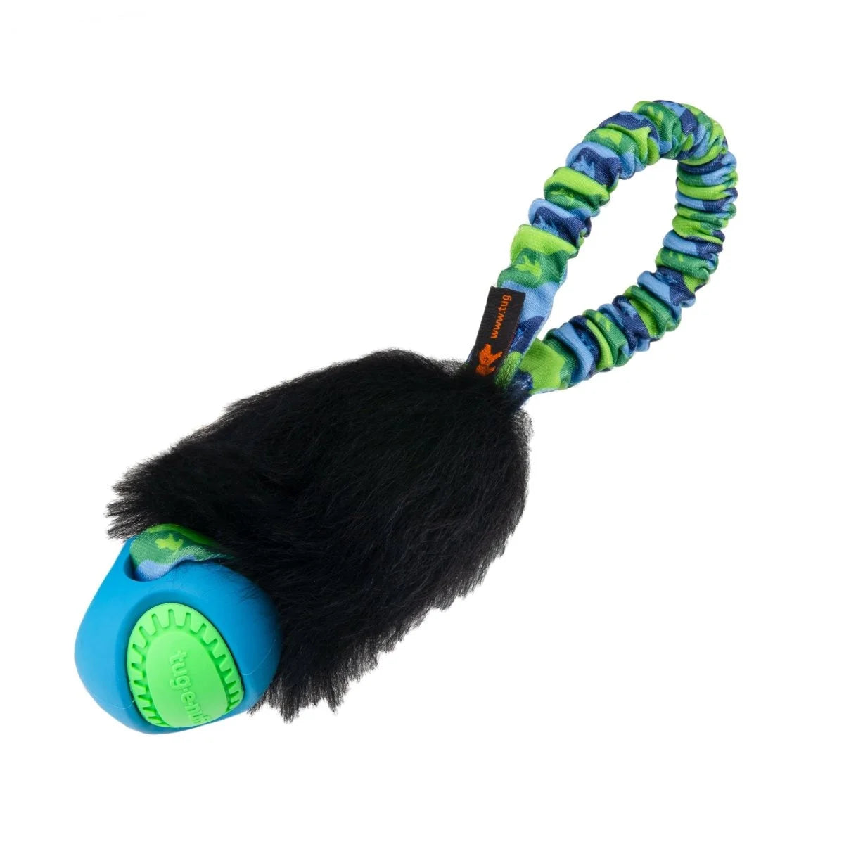Green‑handled Pocket PowerBall Magnet featuring a fluffy sheepskin bite area and shock‑absorbing bungee handle, perfect for rocket‑fast recall and high‑focus training
