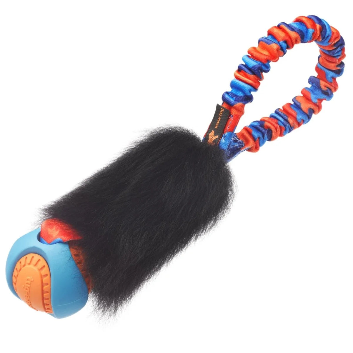 Orange‑handled Pocket PowerBall Magnet dog toy with textured PowerBall and naturally scented sheepskin bite zone for distraction‑busting chase, fetch, and tug rewards