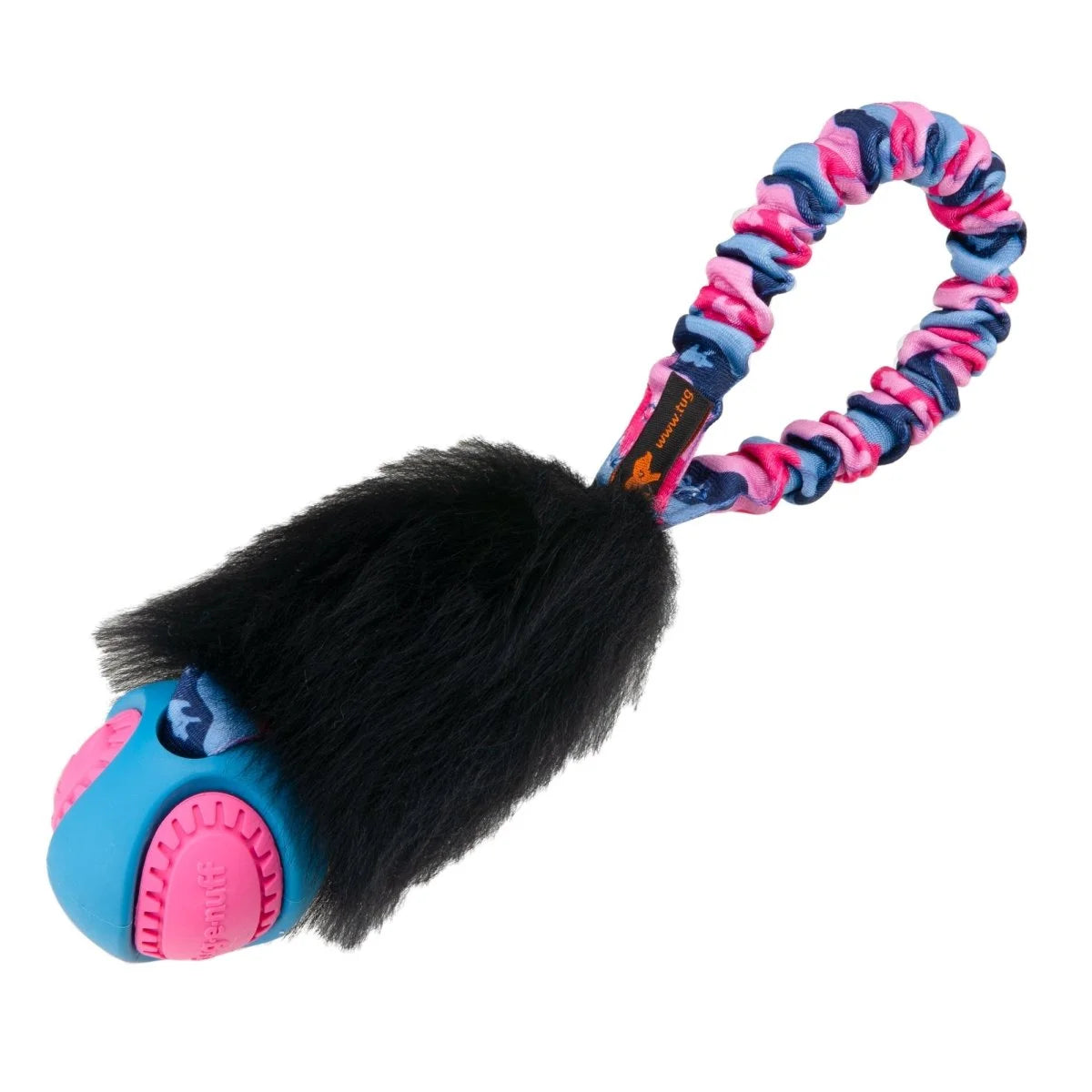 Pink‑handled Pocket PowerBall Magnet dog toy combining a grippy PowerBall and scented sheepskin for versatile chase, retrieve, and tug play that keeps dogs fully engaged