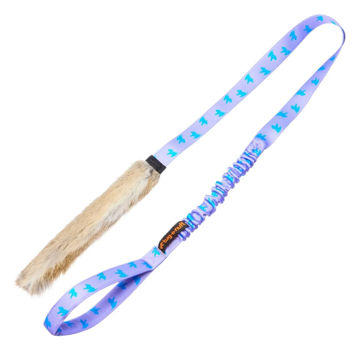 Lilac‑handled Rabbit Skin Bungee Chaser Tug dog toy with naturally scented rabbit fur and a long bungee handle for distraction‑melting chase and tug play