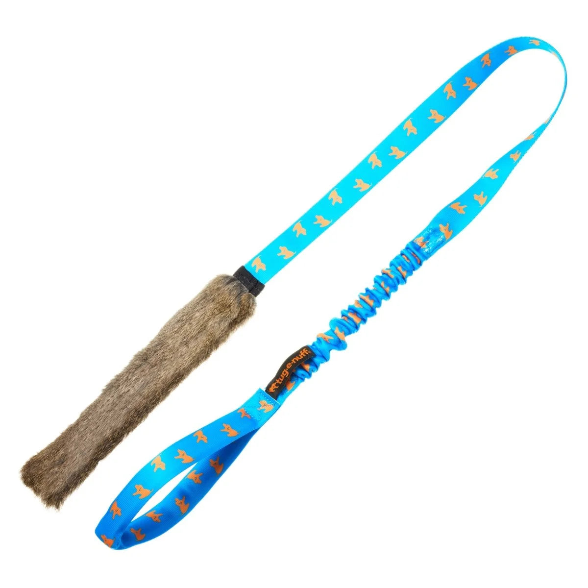 Royal blue‑handled Rabbit Skin Bungee Chaser Tug dog toy designed for recall training and instinct‑fulfilling play, with a tempting rabbit‑fur bite area and long handle that keeps hands safely out of reach