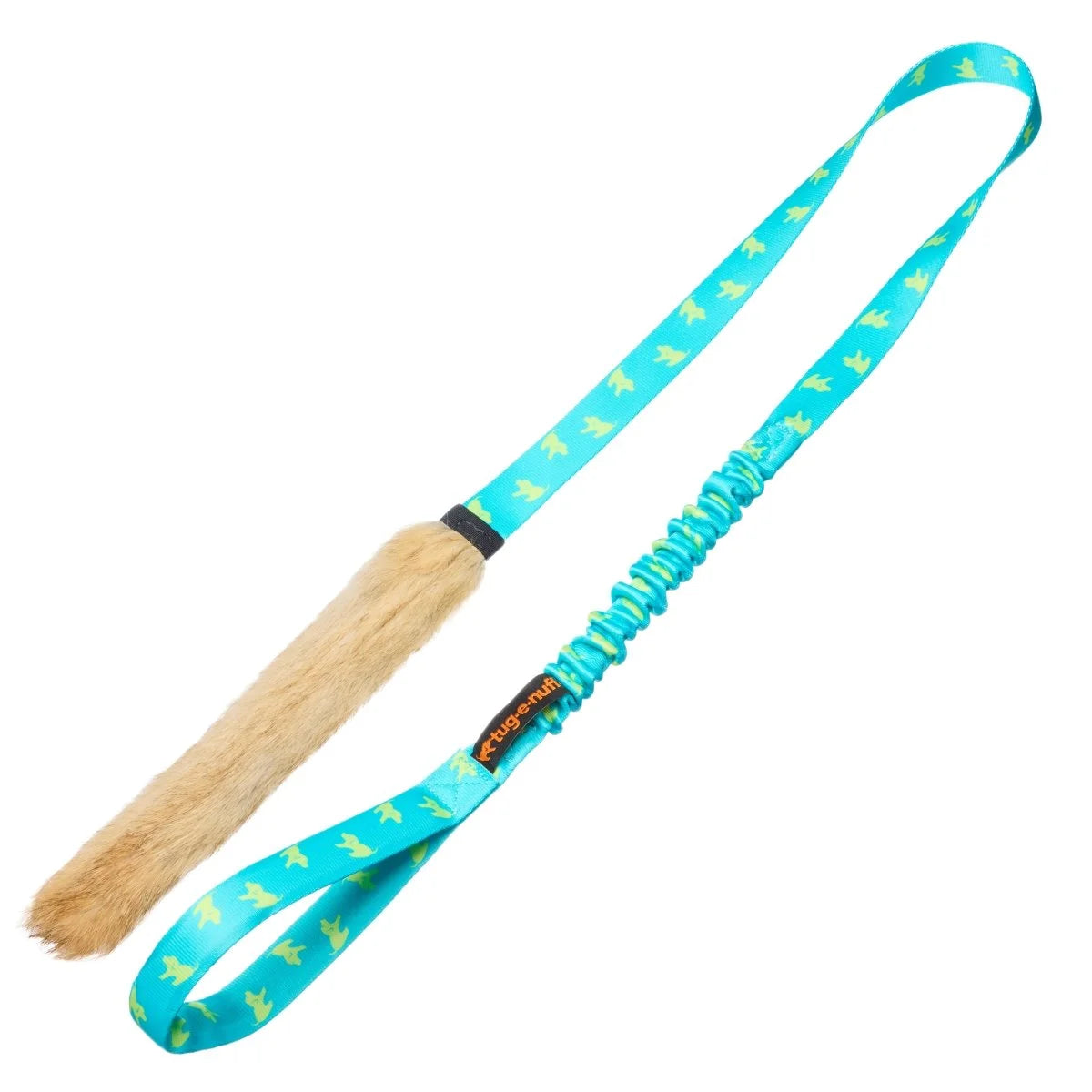 Teal‑handled Rabbit Skin Bungee Chaser Tug featuring a soft, scented rabbit‑fur bite zone and joint‑friendly bungee handle, built for high‑energy dogs who love full‑power chase games