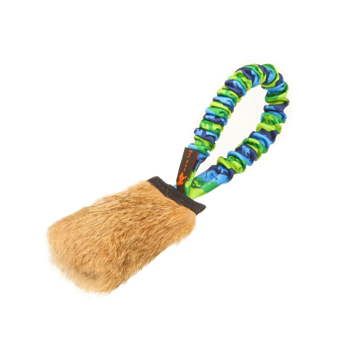 Green‑handled Rabbit Skin Pocket Bungee Squeaker featuring a soft, scented rabbit‑fur bite zone, squeaker, and shock‑absorbing bungee handle ideal for high prey‑drive dogs and play‑shy pups