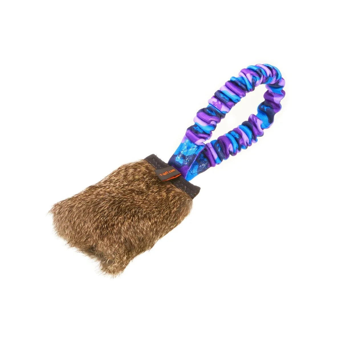 Purple‑handled Rabbit Skin Pocket Bungee Squeaker dog toy designed for pocket‑sized recall training, with irresistible rabbit fur, a satisfying squeak, and a long bungee handle for safe, exciting tug play