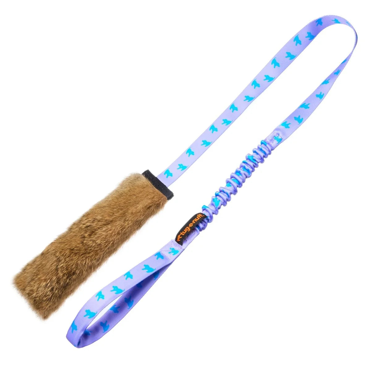 Lilac‑handled Rabbit Skin Squeaky Bungee Chaser dog toy with naturally scented rabbit fur, a motivating squeak, and a long bungee handle for distraction‑busting chase and tug play