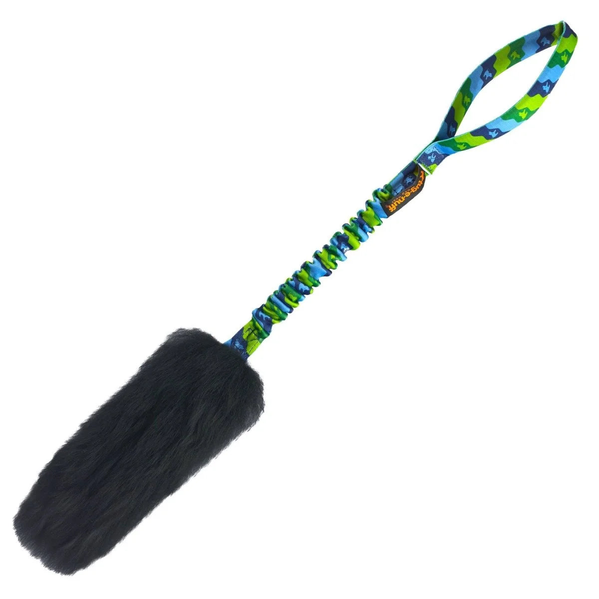 Green‑handled WondaBaa Sheepskin Bungee Tug dog toy designed for passionate tuggers, with a fluffy scented bite area and shock‑absorbing bungee handle that boosts focus and recall through play