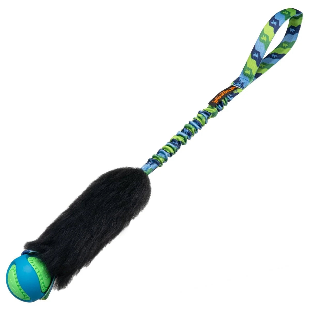 Green‑handled Wondabaa PowerBall Bungee featuring a fluffy sheepskin bite zone and perfectly weighted PowerBall, built for high‑energy dogs who love to chase, grab, and tug hard