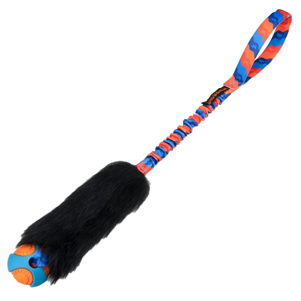 Orange‑handled Wondabaa PowerBall Bungee dog toy with naturally scented sheepskin and a textured PowerBall for chase, fetch, and tug play that wins unwavering focus